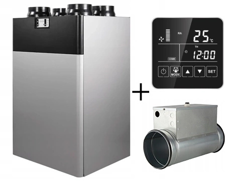 Rekuperator pionowy Reventon VERTIC 250 z wymiennikiem entalpicznym + panel + nagrzewnica kanałowa